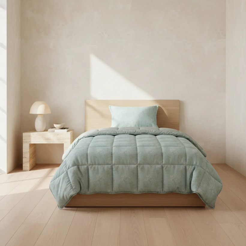Çift Taraflı Welsoft Comforter Yorgan Seti Yeşil - Dormio Soft Bloom Serisi - 
