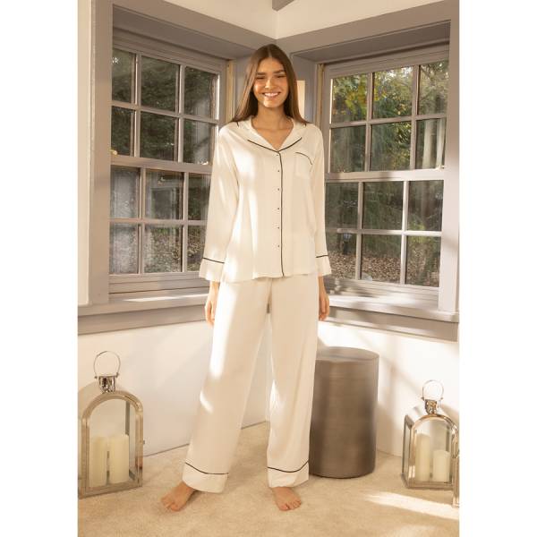 %100 Viskon Pijama Takımı Ekru XL - Cool White Serisi - Penelope