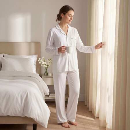 Cooling Jersey Kadın Gömlek Pijama Takımı - Beyaz