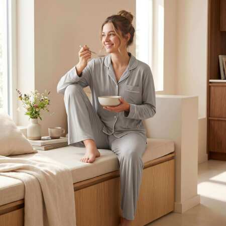 Cooling Jersey Kadın Gömlek Pijama Takımı - Gri