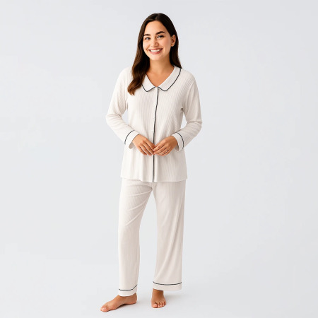 Cozy Collar Bebe Yaka Düğmeli Viskoz Pijama Takımı - Ekru 