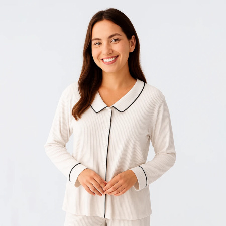 Cozy Collar Bebe Yaka Düğmeli Viskoz Pijama Takımı - Ekru - 2