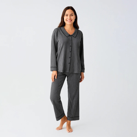Cozy Collar Bebe Yaka Düğmeli Viskoz Pijama Takımı - Siyah - 1