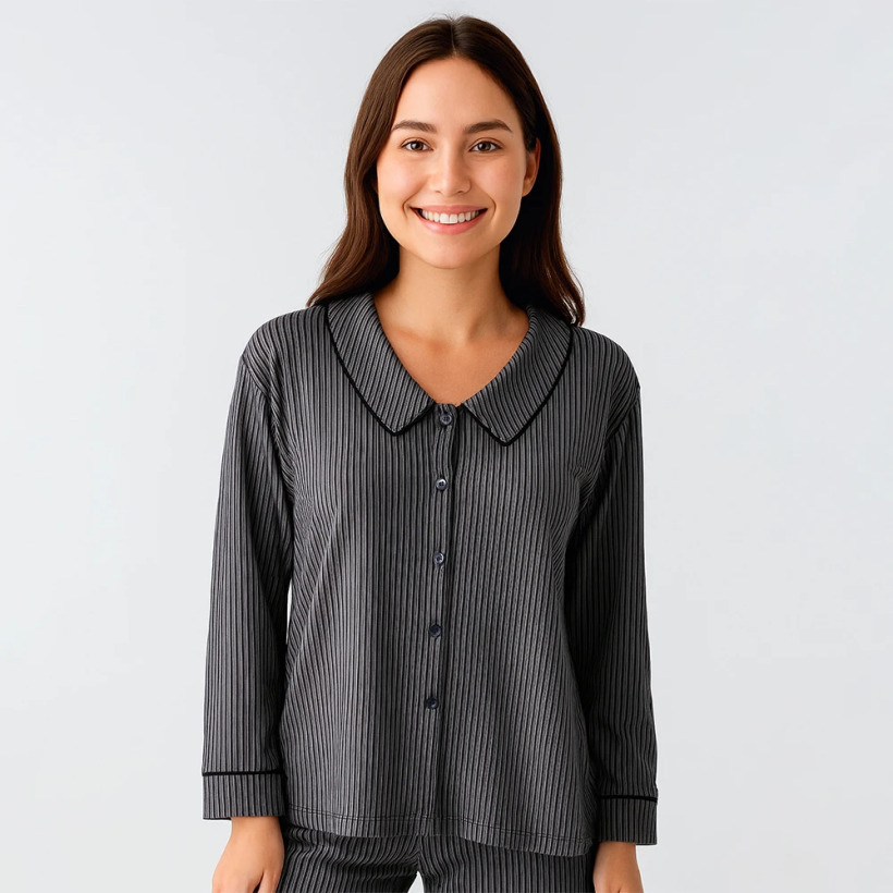 Cozy Collar Bebe Yaka Düğmeli Viskoz Pijama Takımı - Siyah - 