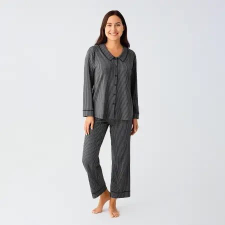 Cozy Collar Bebe Yaka Düğmeli Viskoz Pijama Takımı - Siyah/S - 1