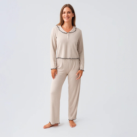 Diana Uzun Kollu Fırfır Dikişli Viskoz Pijama Takımı - Bej - 1