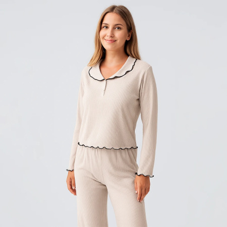 Diana Uzun Kollu Fırfır Dikişli Viskoz Pijama Takımı - Bej - 2