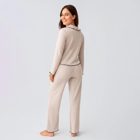Diana Uzun Kollu Fırfır Dikişli Viskoz Pijama Takımı - Bej - 3