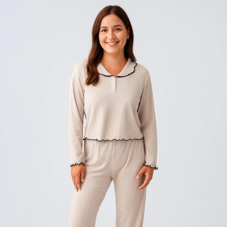 Diana Uzun Kollu Fırfır Dikişli Viskoz Pijama Takımı - Bej - 4