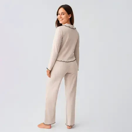 Diana Uzun Kollu Fırfır Dikişli Viskoz Pijama Takımı - Bej/L - 3