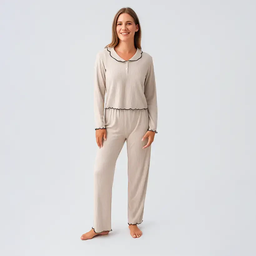 Diana Uzun Kollu Fırfır Dikişli Viskoz Pijama Takımı - Bej/S - PENELOPE