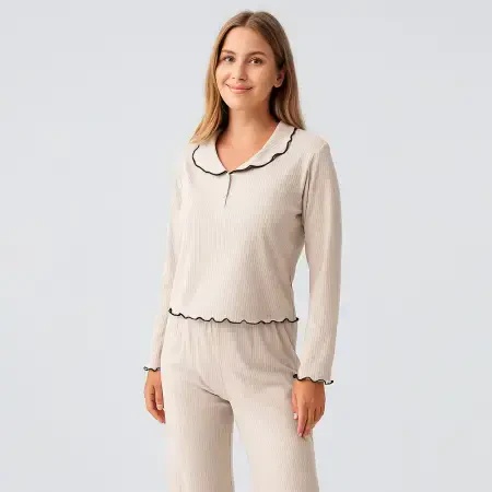 Diana Uzun Kollu Fırfır Dikişli Viskoz Pijama Takımı - Bej/S - PENELOPE (1)
