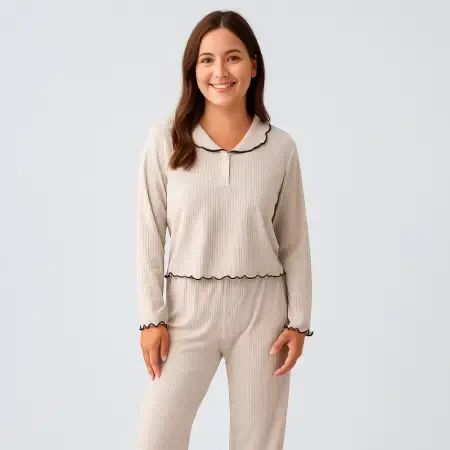 Diana Uzun Kollu Fırfır Dikişli Viskoz Pijama Takımı - Bej/S - 4