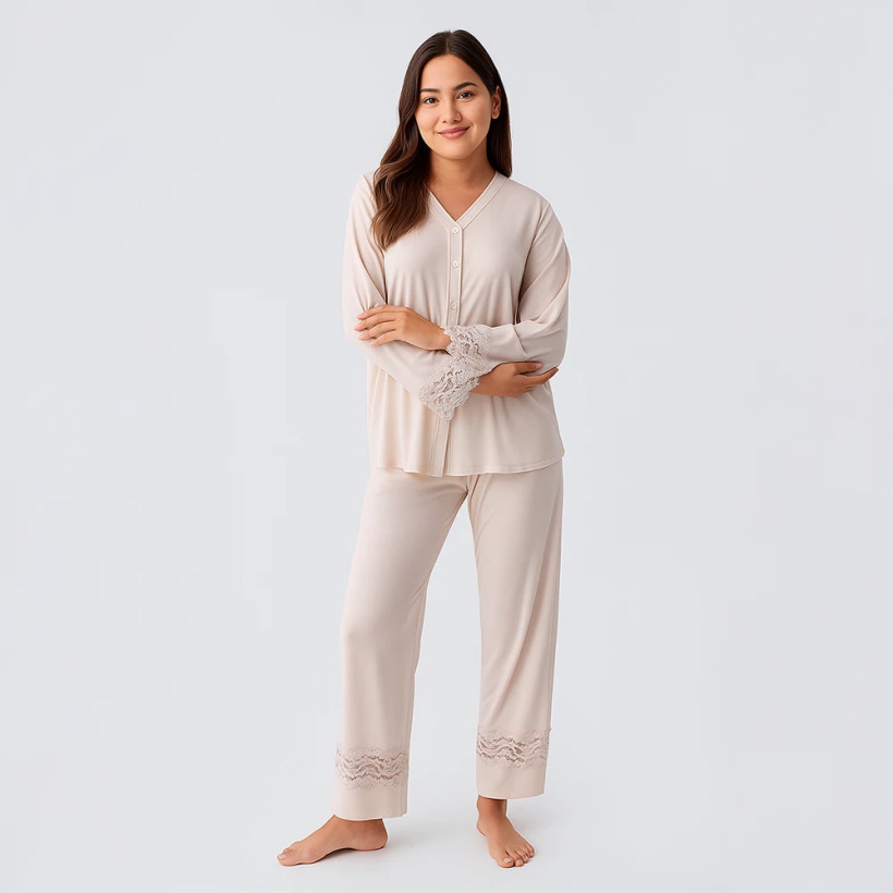 Lace Uzun Kollu Dantelli Esnek Viskoz Pijama Takımı - Bej - 