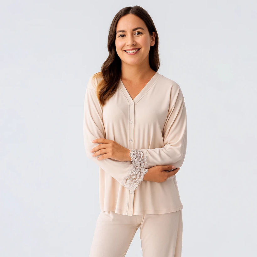 Lace Uzun Kollu Dantelli Esnek Viskoz Pijama Takımı - Bej - 