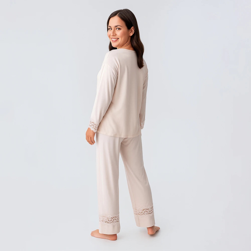 Lace Uzun Kollu Dantelli Esnek Viskoz Pijama Takımı - Bej - 