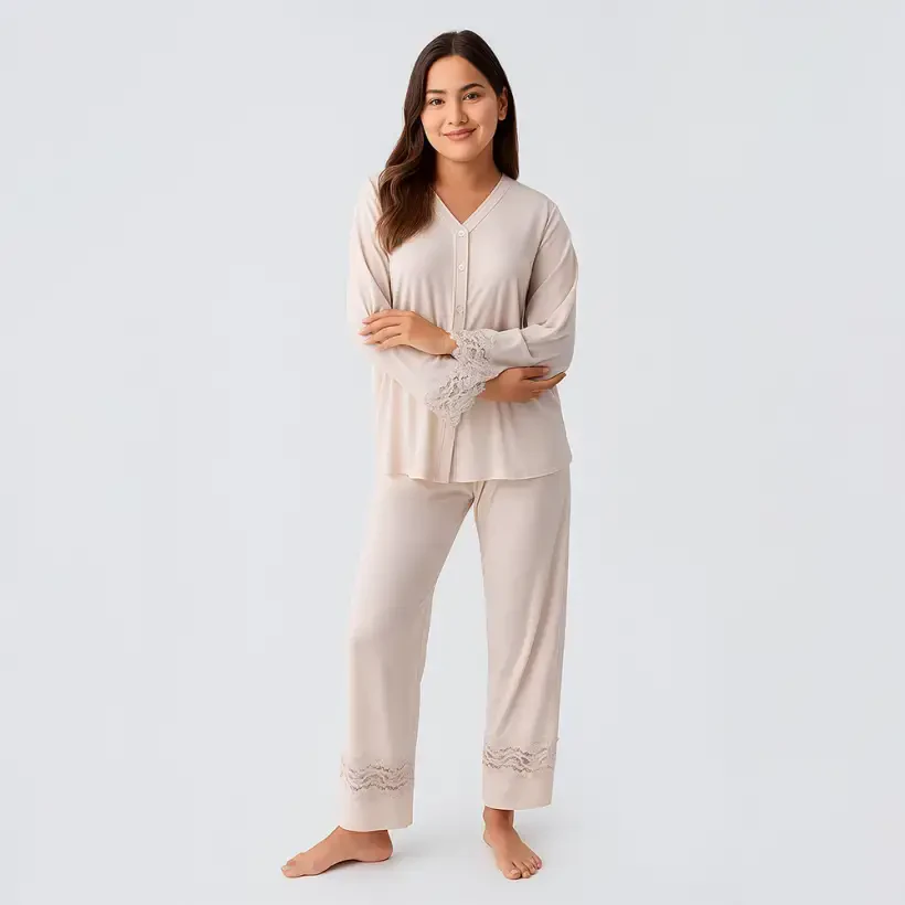 Lace Uzun Kollu Dantelli Esnek Viskoz Pijama Takımı - Bej/M - PENELOPE