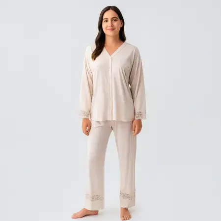 Lace Uzun Kollu Dantelli Esnek Viskoz Pijama Takımı - Bej/M - 5