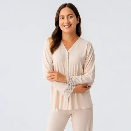 Lace Uzun Kollu Dantelli Esnek Viskoz Pijama Takımı - Bej/Xxl - PENELOPE (1)