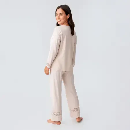 Lace Uzun Kollu Dantelli Esnek Viskoz Pijama Takımı - Bej/Xxl - 3