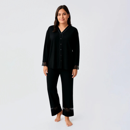 Lace Uzun Kollu Dantelli Esnek Viskoz Pijama Takımı - Siyah - 1