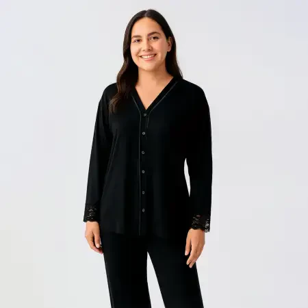 Lace Uzun Kollu Dantelli Esnek Viskoz Pijama Takımı - Siyah/L - PENELOPE (1)