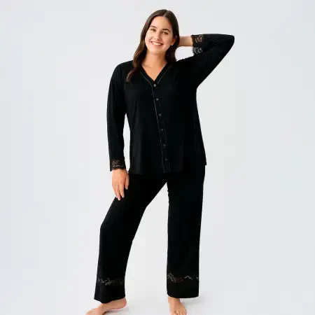 Lace Uzun Kollu Dantelli Esnek Viskoz Pijama Takımı - Siyah/L - 3