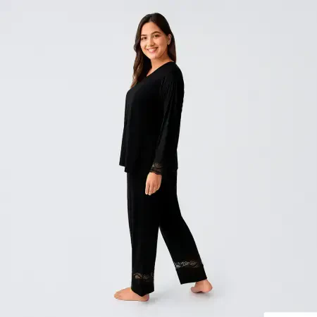 Lace Uzun Kollu Dantelli Esnek Viskoz Pijama Takımı - Siyah/L - 4