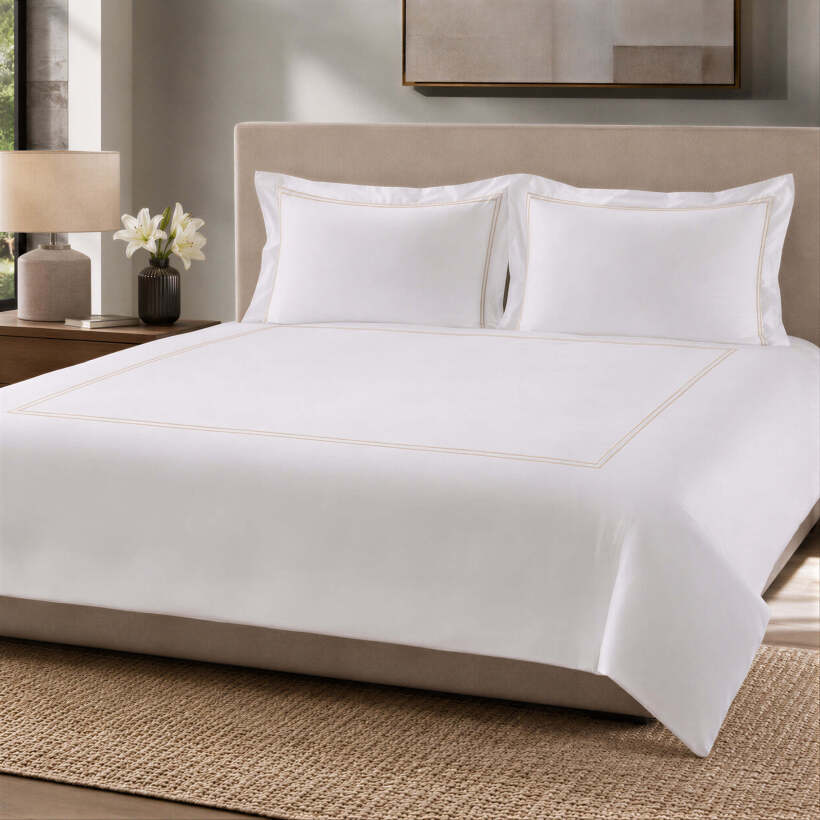 Hotel Collection Linor Frame Beyaz Nevresim Seti - Bej Nakış - 