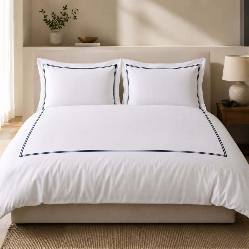 Hotel Collection Linor Frame Beyaz Nevresim Seti - Lacivert Nakış - 