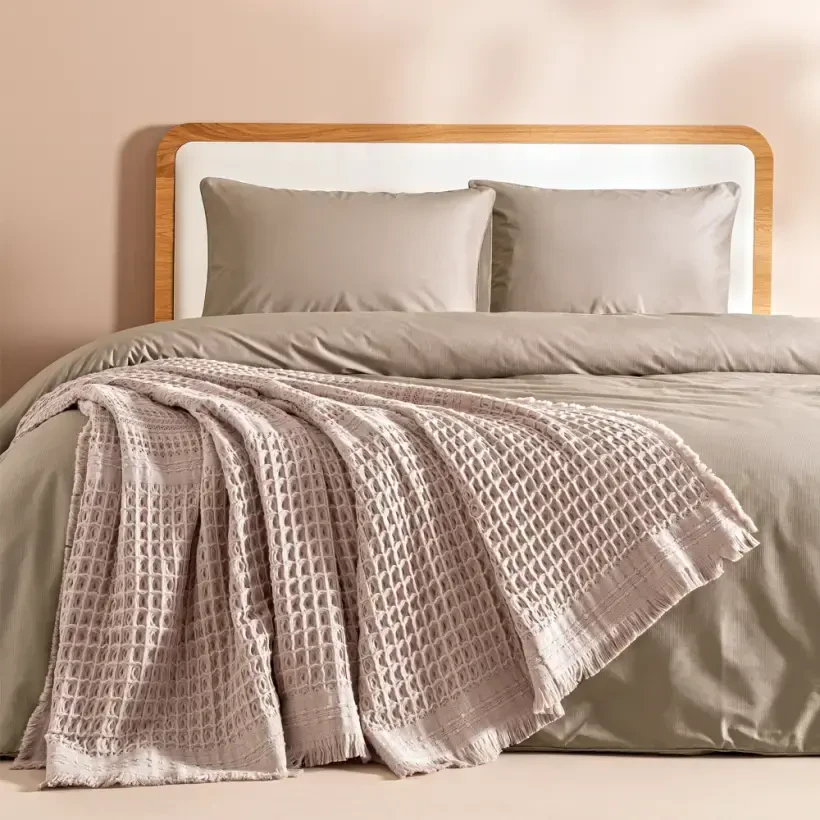 %100 Pamuk Dokuma Yatak Örtüsü 240x250 cm Pudra - Belinda Serisi - Penelope