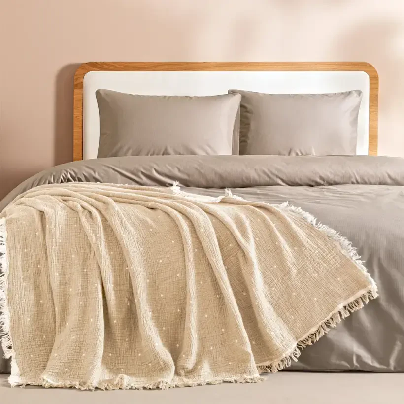 %100 Pamuk Müslin Yatak Örtüsü 160x240 cm Bej - Glen Serisi - Penelope