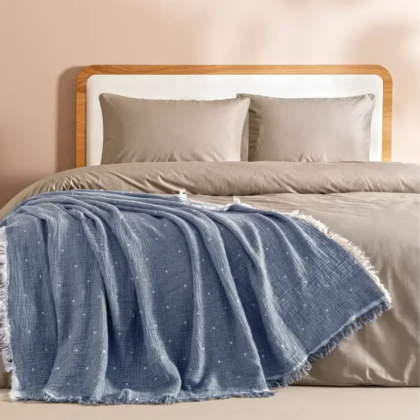 %100 Pamuk Müslin Yatak Örtüsü 160x240 cm Mavi - Glen Serisi - Penelope