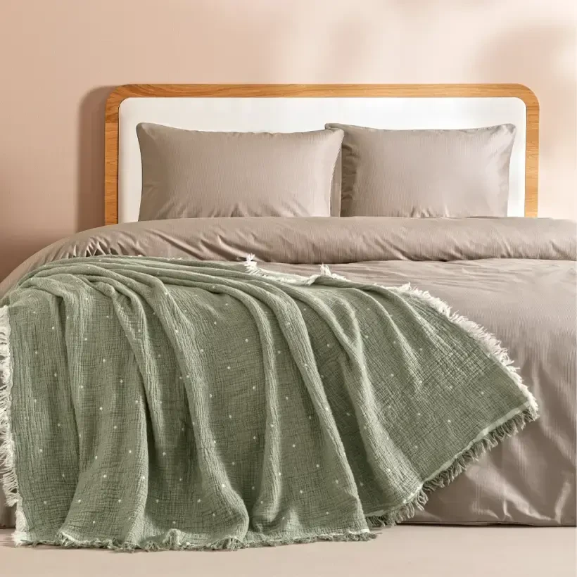 %100 Pamuk Müslin Yatak Örtüsü 160x240 cm Yeşil - Glen Serisi - Penelope