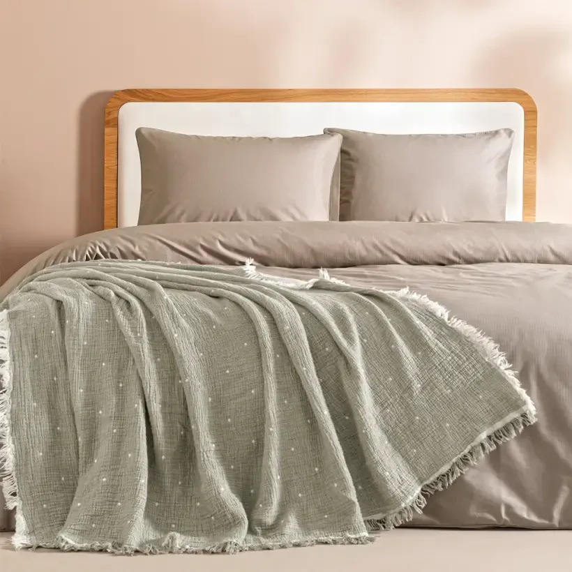 %100 Pamuk Müslin Yatak Örtüsü 220x240 cm Gri - Glen Serisi - Penelope