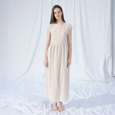 %100 Keten Elbise Ekru S-M - Serli Keçoğlu Koleksiyonu - 1