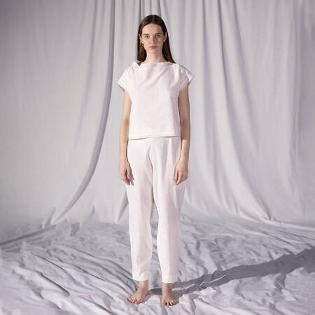 %100 Keten Kısa Kol Bluz Ekru L-XL - Serli Keçoğlu Koleksiyonu - 1