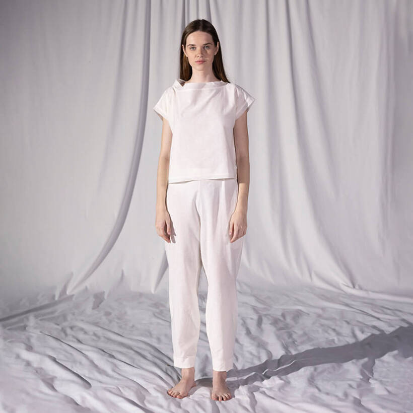 %100 Keten Kısa Kol Bluz Ekru L-XL - Serli Keçoğlu Koleksiyonu - Penelope