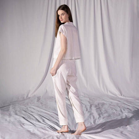 %100 Keten Kısa Kol Bluz Ekru L-XL - Serli Keçoğlu Koleksiyonu - 3