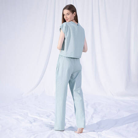 %100 Keten Kısa Kol Bluz Mint L-XL - Serli Keçoğlu Koleksiyonu - 3