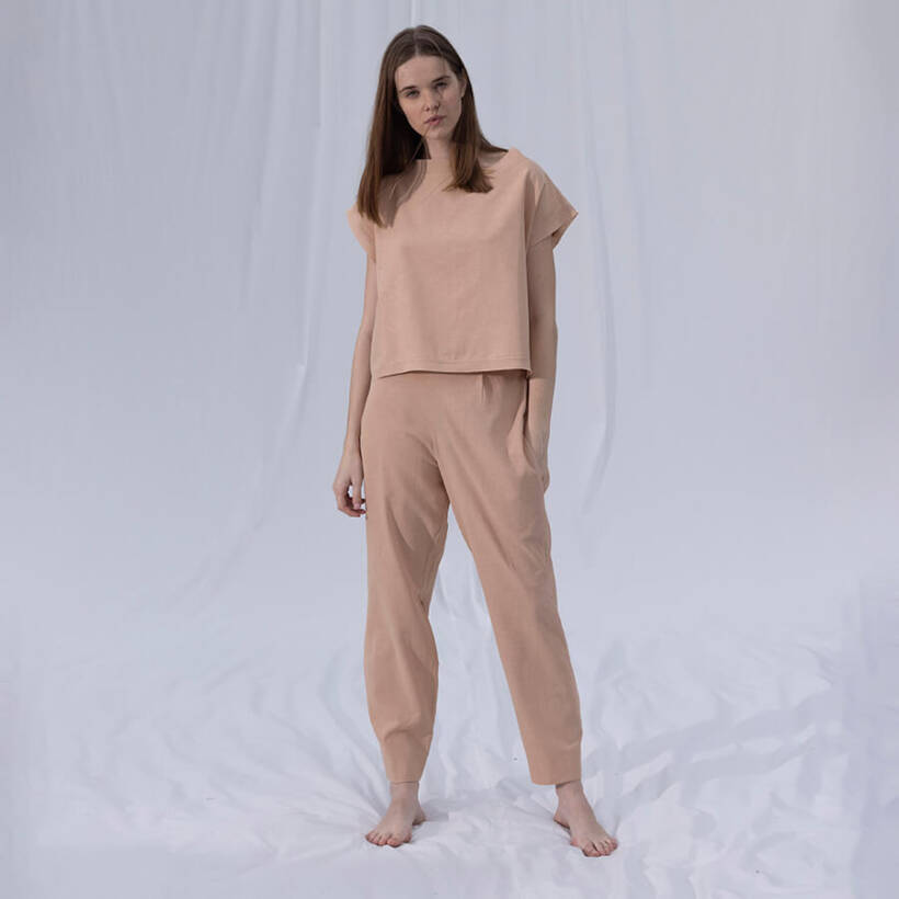 %100 Keten Kısa Kol Bluz Somon L-XL - Serli Keçoğlu Koleksiyonu - Penelope