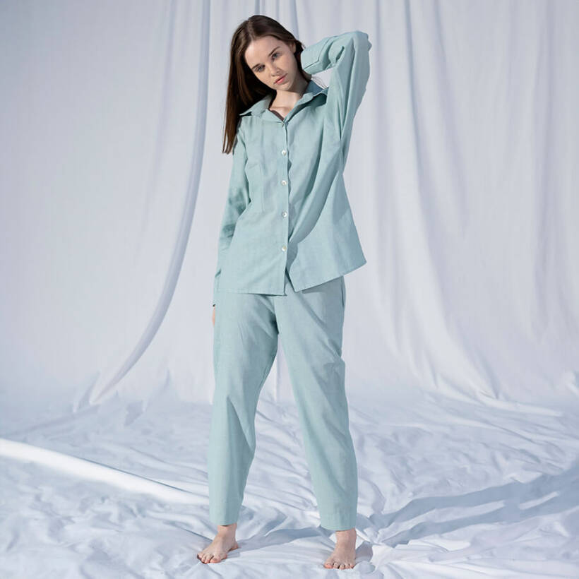 %100 Keten Uzun Kollu Gömlek Mint L-XL - Serli Keçoğlu Koleksiyonu - Penelope