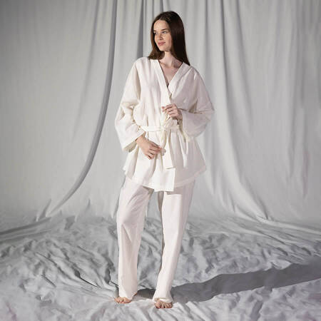 %100 Keten Uzun Kollu Kimono Beyaz L-XL - Serli Keçoğlu Koleksiyonu - 1