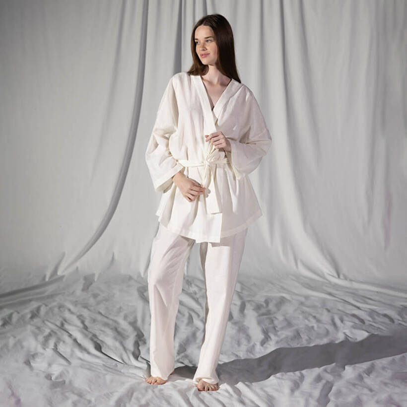 %100 Keten Uzun Kollu Kimono Beyaz L-XL - Serli Keçoğlu Koleksiyonu - Penelope