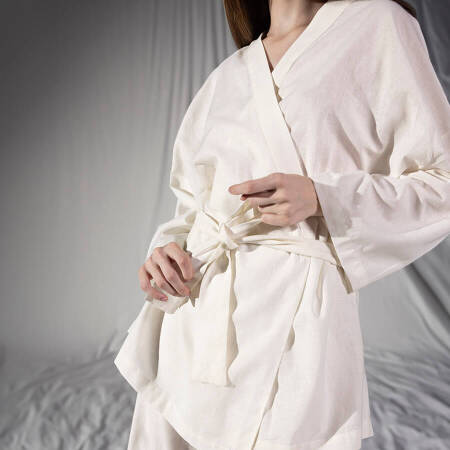 %100 Keten Uzun Kollu Kimono Beyaz L-XL - Serli Keçoğlu Koleksiyonu - 5