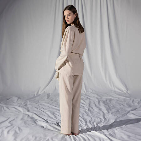 %100 Keten Uzun Kollu Kimono Ekru L-XL - Serli Keçoğlu Koleksiyonu - 3