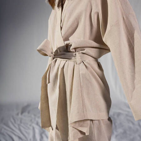 %100 Keten Uzun Kollu Kimono Ekru L-XL - Serli Keçoğlu Koleksiyonu - 6