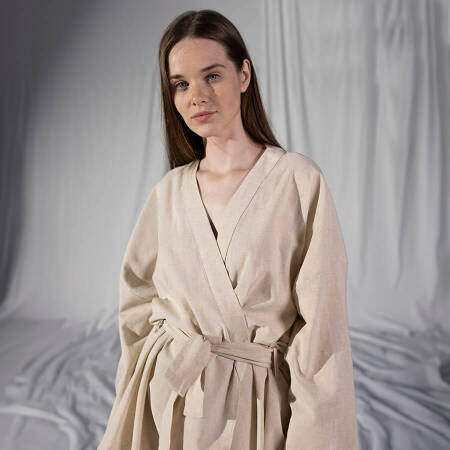 %100 Keten Uzun Kollu Kimono Ekru L-XL - Serli Keçoğlu Koleksiyonu - 7