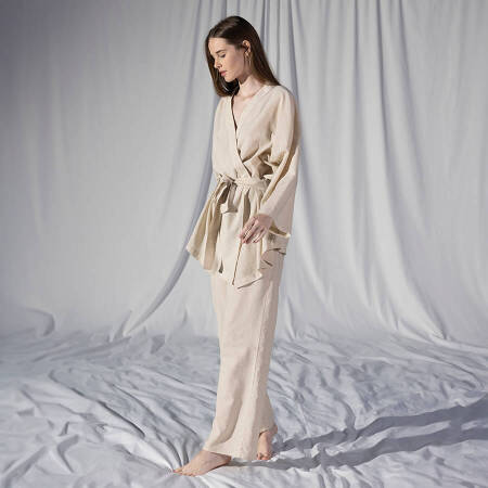 %100 Keten Uzun Kollu Kimono Ekru S-M - Serli Keçoğlu Koleksiyonu - Penelope