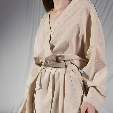 %100 Keten Uzun Kollu Kimono Ekru S-M - Serli Keçoğlu Koleksiyonu - 5